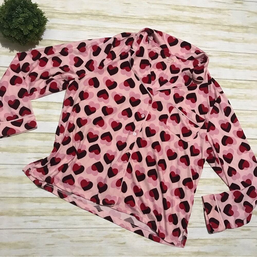 Kate Spade Pink Red Valentines Heart Print Cozy Soft Ling Sleeve Pajama Top XL